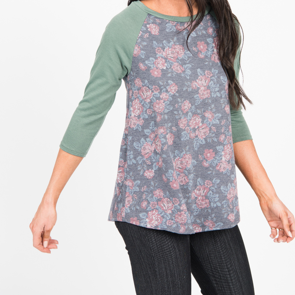 Raglan Everyday Tee Rose with Antique Military Gre